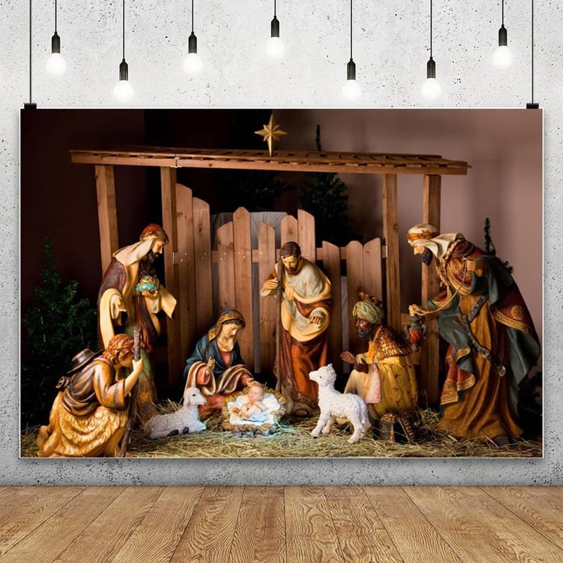 AOFOTO 8x6ft Barn Interior Manger Scene Backdrop Christ Child Birth of Jesus Nativity Shepherd Photography Background Lamb Horse Stable Farmhouse Pray Bible Baptism Church Concert Photos Studio Props - Image 2